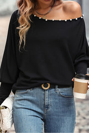 Black Pearls Asymmetric Neck Puff Sleeve Blouse