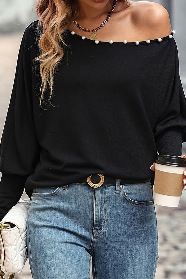 Black Pearls Asymmetric Neck Puff Sleeve Blouse