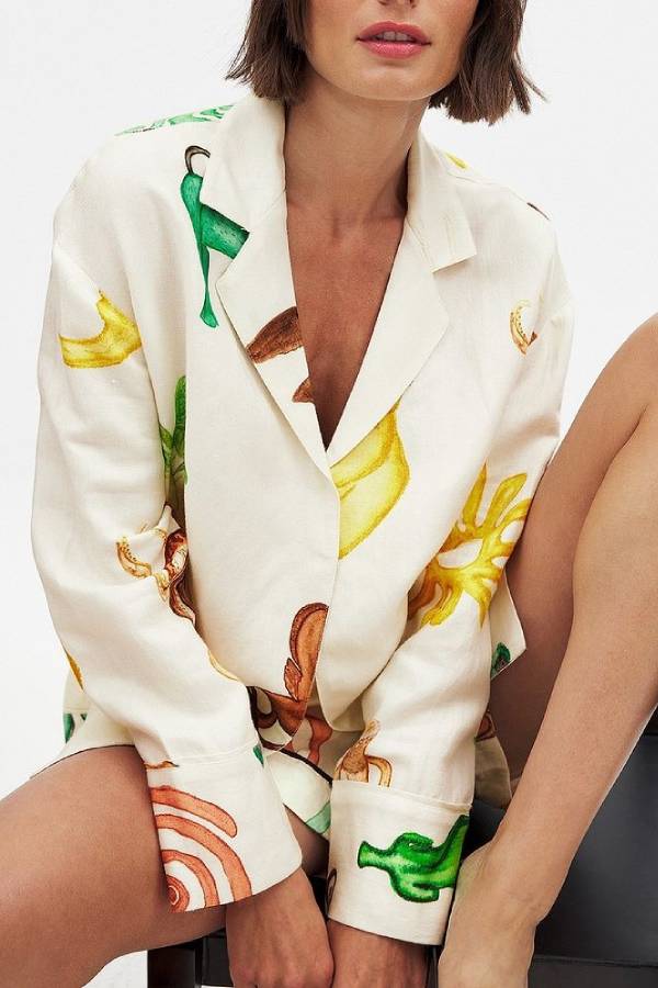 Fun Resort Linen Blend Unique Print Long Sleeve Shirt and Elastic Waist Pocket Shorts Set