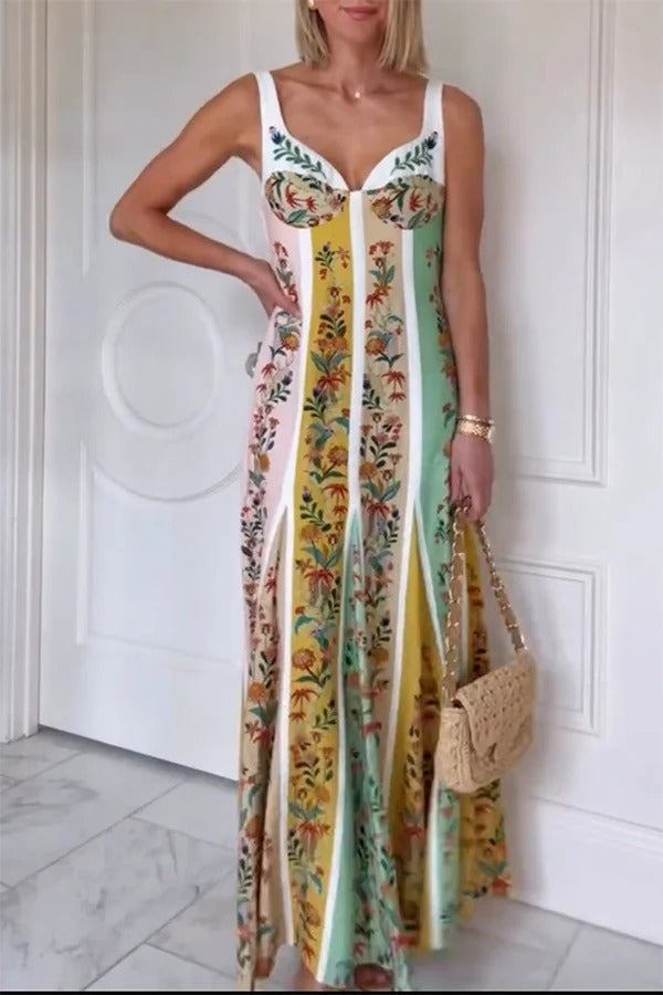Sweet Garden Linen Blend Color Block Floral Paneled Maxi Dress