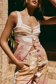 European Summer Linen Blend Ric Rac Trims Unique Print Button Tank