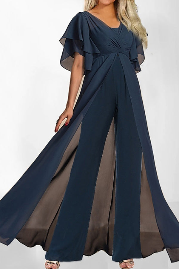 Fashion Solid Color Short Sleeve High Waist Jumpsuit