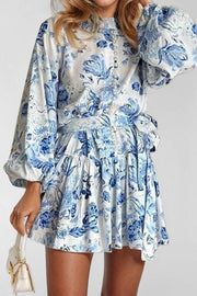 Retro Print Stand Collar Lantern Sleeve Fitted Waist Dress