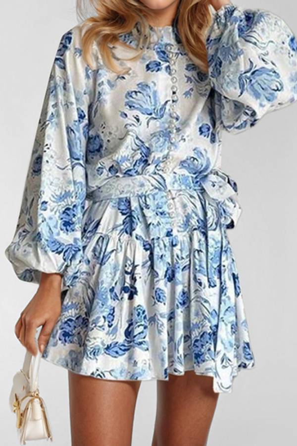 Retro Print Stand Collar Lantern Sleeve Fitted Waist Dress