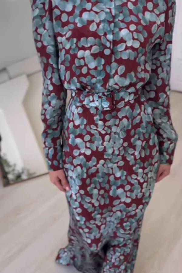 Contrast color printed long-sleeved maxi dress