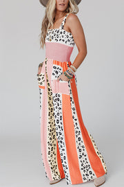 Pink Leopard Color Block Mix Print Straps Jumpsuit