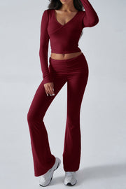 Women's Solid Color Simple Long Sleeve V-Neck Top And Trousers Knit Two-Piece Set