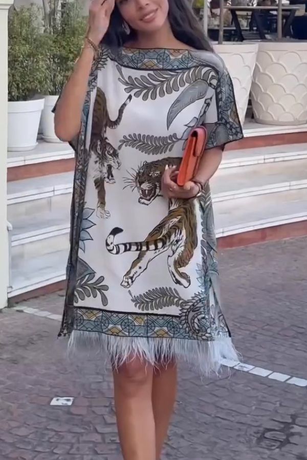 Charming Jungle Unique Tiger Print Feather Trim Loose Kaftan Mini Dress