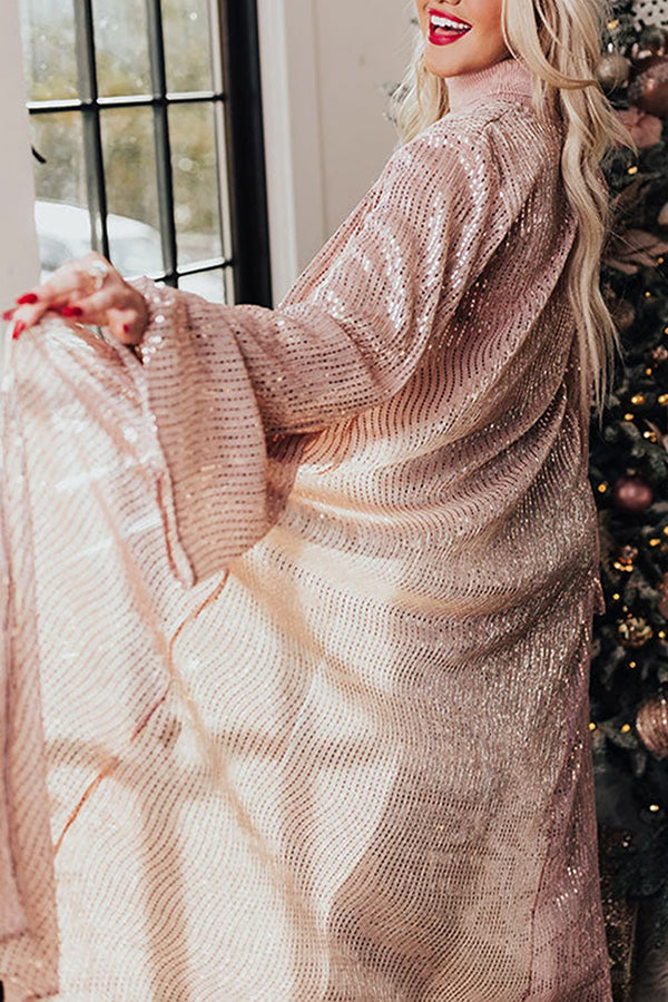 Rose Tan Open Front Long Sequin Bell Sleeves Cardigan