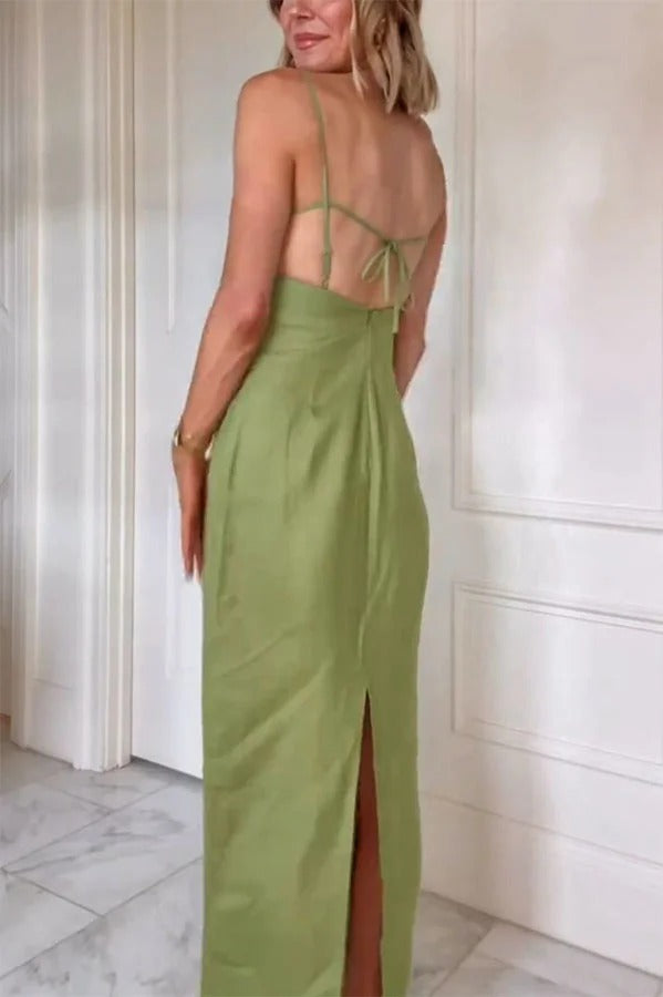 Sharyn Linen Blend Bodice Cutout Back Tie-up Slit Slip Maxi Dress