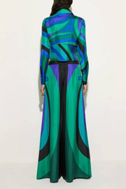Printed satin long-sleeved shirt and wide-leg pants two-piece suit