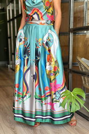 Unique Print Back Tie-up Pocket Halter Maxi Dress