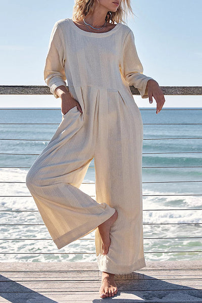 Multicolor loose round neck casual wide leg jumpsuit