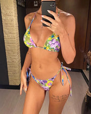 Women's printed lace-up bikini three-piece set