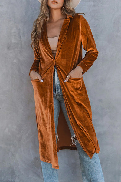 Casual Velvet Lapel Pocket Long Coat