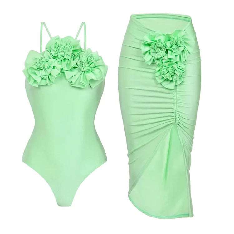3D Flower Halter One Piece Swimsuit and Skirt