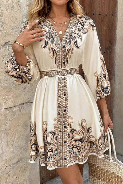 Retro print V-neck tie dress