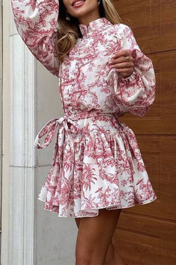 Retro Print Stand Collar Lantern Sleeve Fitted Waist Dress