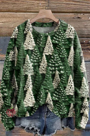 Christmas Tree Green White Print Knit Pullover Sweater