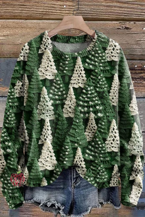 Christmas Tree Green White Print Knit Pullover Sweater