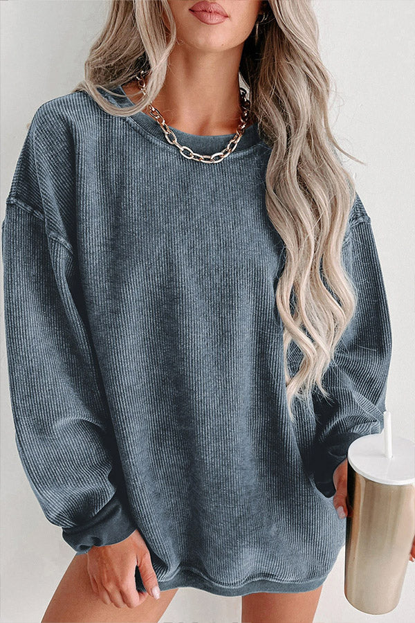 Solid Ribbed Round Neck Pullover Sweatshirt