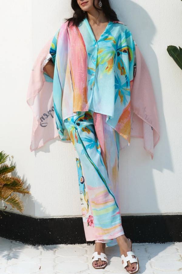 Unique Oil Painting Coconut Tree Print Wide Leg Pants