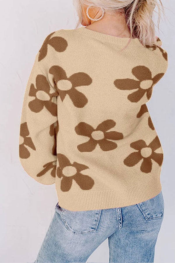 Floral Print Knitted Long Sleeve Pullover Sweater