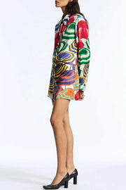 Elouise Satin Color Block Art Print Long Sleeve Button Back Elastic Waist H-line Mini Dress