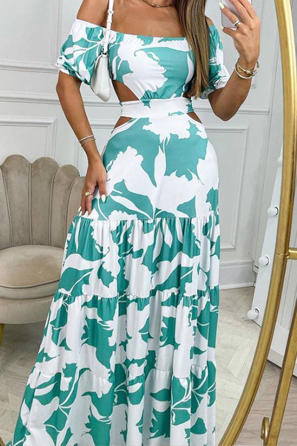 Beach resort style printed waist-baring dress