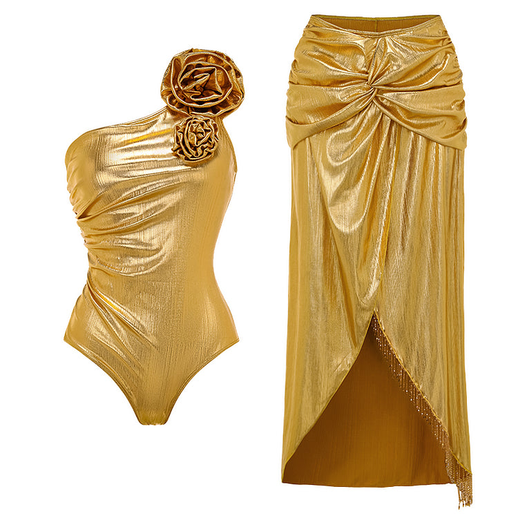 3D Flower Golden Fabric One Piece Swimsuit and Skirt