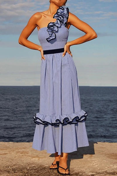 Striped Print Elegant Ruffle Trim Vacation Maxi Skirt