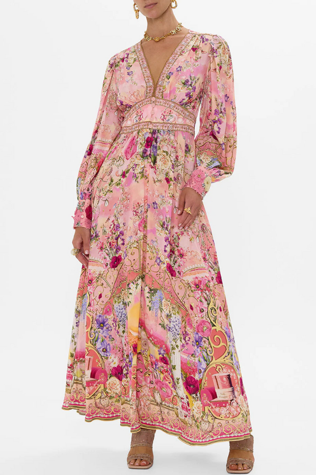 Printed V-neck Long-sleeved Puff Sleeve Waist Maxi Dress