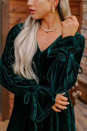 Blackish Green V Neck Lace Up Sleeve Ruffled Velvet Dress