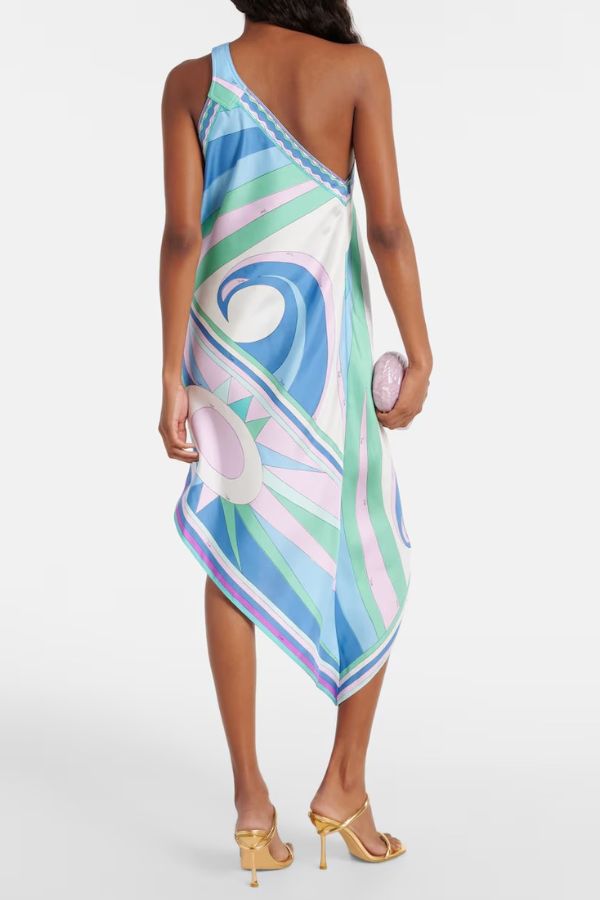 On Island Satin Unique Print One Shoulder Irregular Hem Vacation Midi Dress