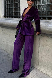 Cool Girl Energy Velvet Long Sleeve Belted Lapel Coat and Elastic Waist Pocketed Loose Pants Set