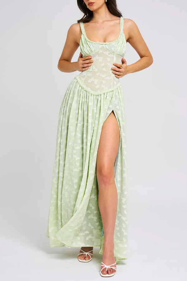 Ulissa Light Green Square Neck Jacquard Textured High Slit Maxi Dress