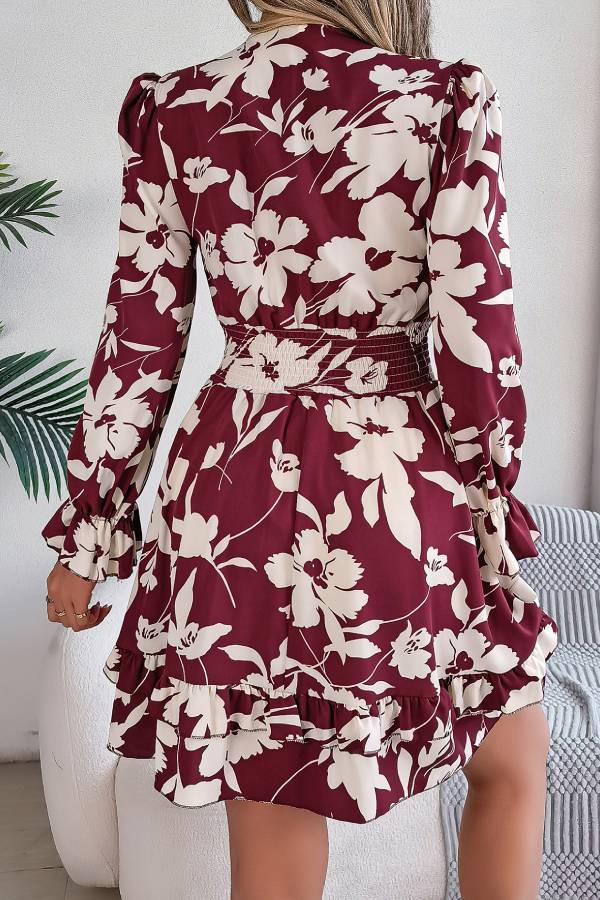 Floral print deep V long sleeve fitted waist ruffle dress