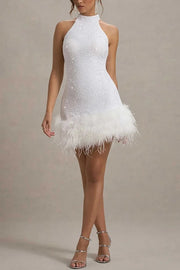 Dazzling and Playful Sequin High Neck Feather Trim Stretch Mini Dress