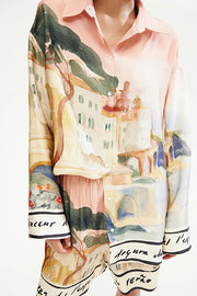 Unique Print Lapel Long Sleeve Loose Shirt and Elastic Waist Casual Pocket Shorts Set