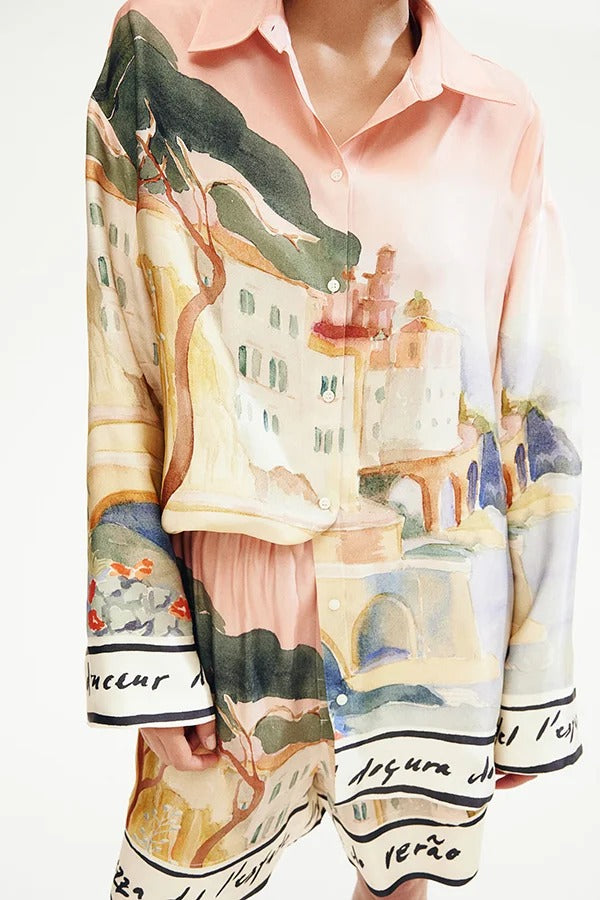 Unique Print Lapel Long Sleeve Loose Shirt and Elastic Waist Casual Pocket Shorts Set