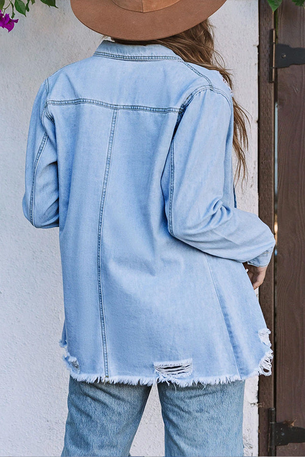 Casual Ripped Raw Hem Button Up Denim Shacket