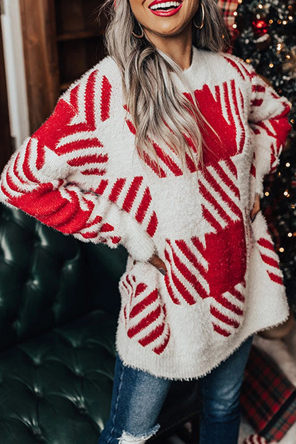 Red Fuzzy Check Drop Shoulder Sweater