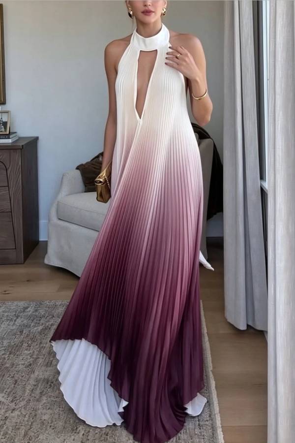 Ombre Pleated Halter Neck Cutout Sleeveless Maxi Dress