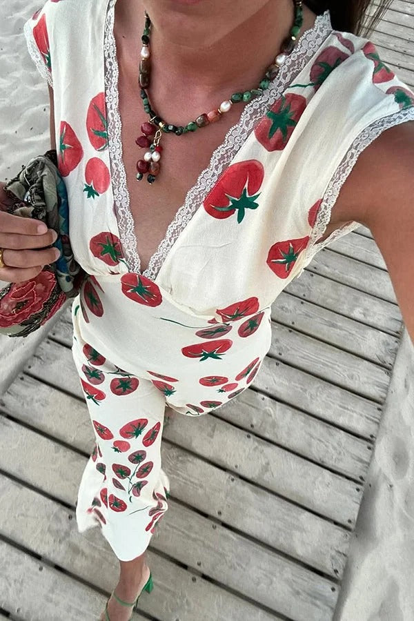Vintage Inspired Tomato Print Lace Trim Open Back Tie-up Maxi Dress