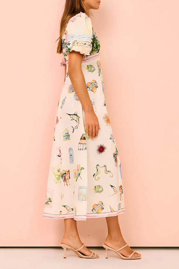 Ethnic Feature Printed Style Round Neck Midi Dress