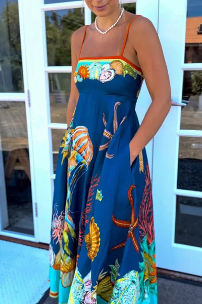 Linen Blend Unique Print Suspenders Back Pleated Pocket Resort Style Maxi Dress