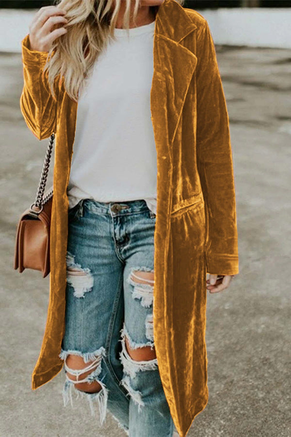 Casual Velvet Lapel Pocket Long Coat