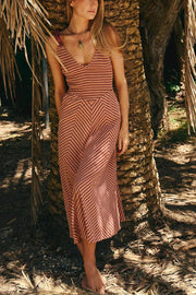 Linen Blend Solid Color V-neck Short Sleeve Waist Loose Slit Midi Dress