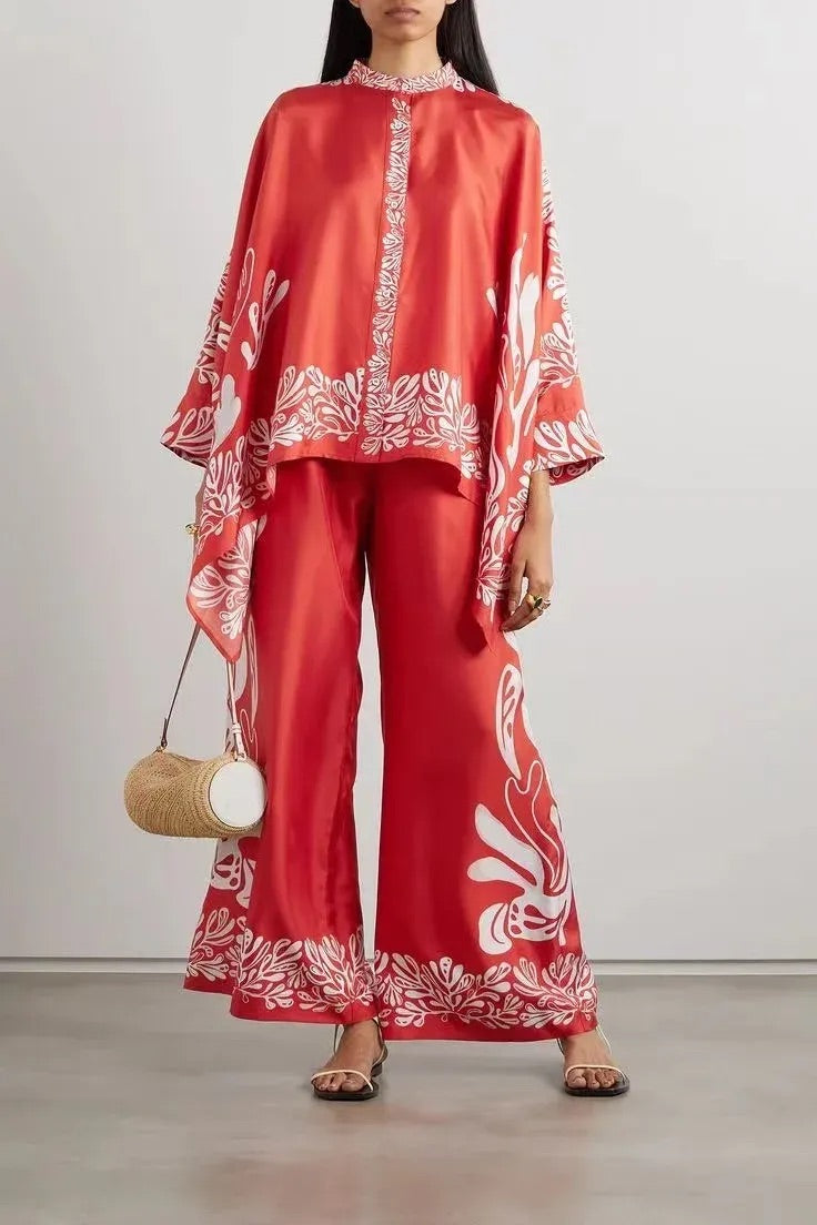 Vintage Printed Stand Collar Irregular Shirt Wide Leg Pants Set