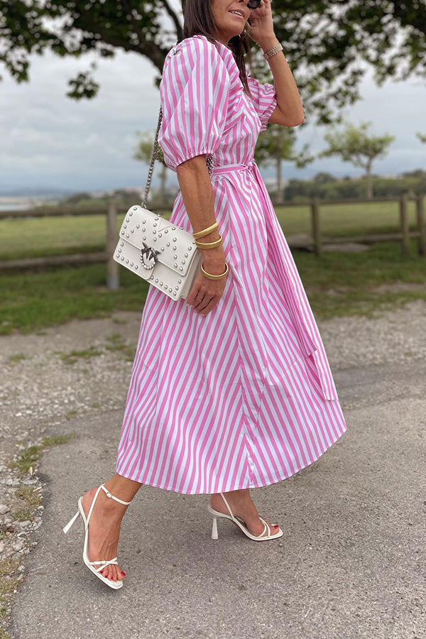 Striped Bud Sleeve V-Neck Belted Waist Dress